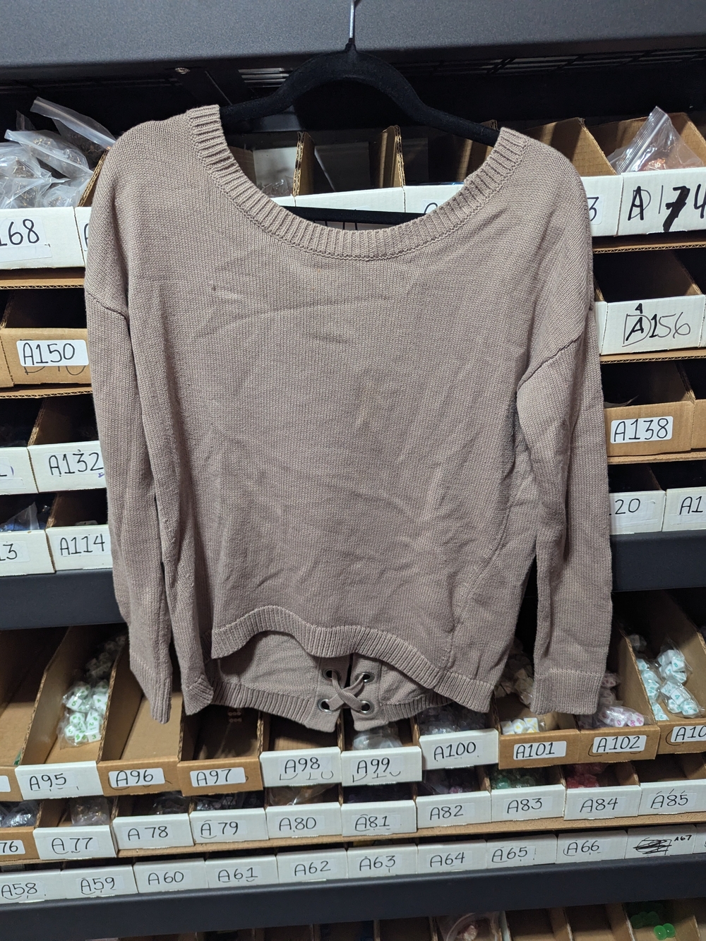 Express Taupe Scoop-Neck Lace-Up Hem Knit Sweater